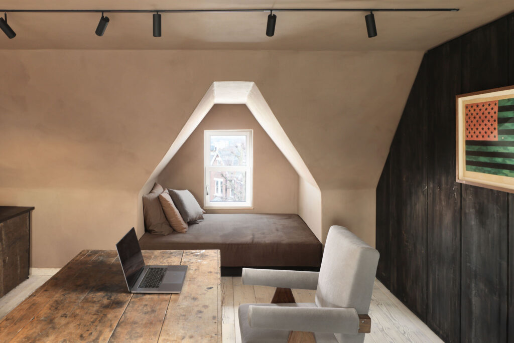 Reclaimed materials in home office of enerPHIt renovation in Hampstead London by GS Architecture